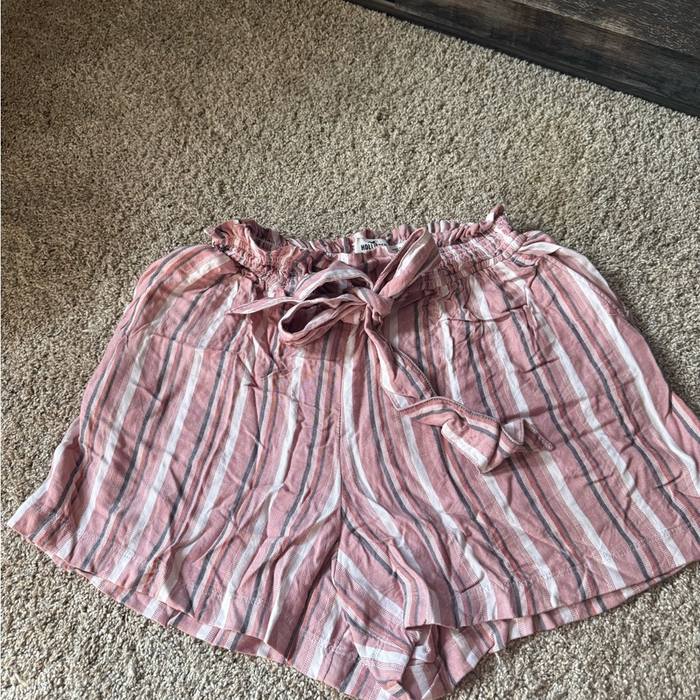 Hollister Pink and White Striped Smocked Waist Shorts